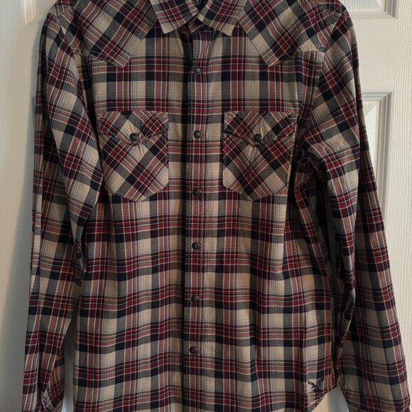 American Eagle Men's tan-black-red Plaid Long-sleeve, buttoned Shirt, size XS/TP - Picture 8 of 8